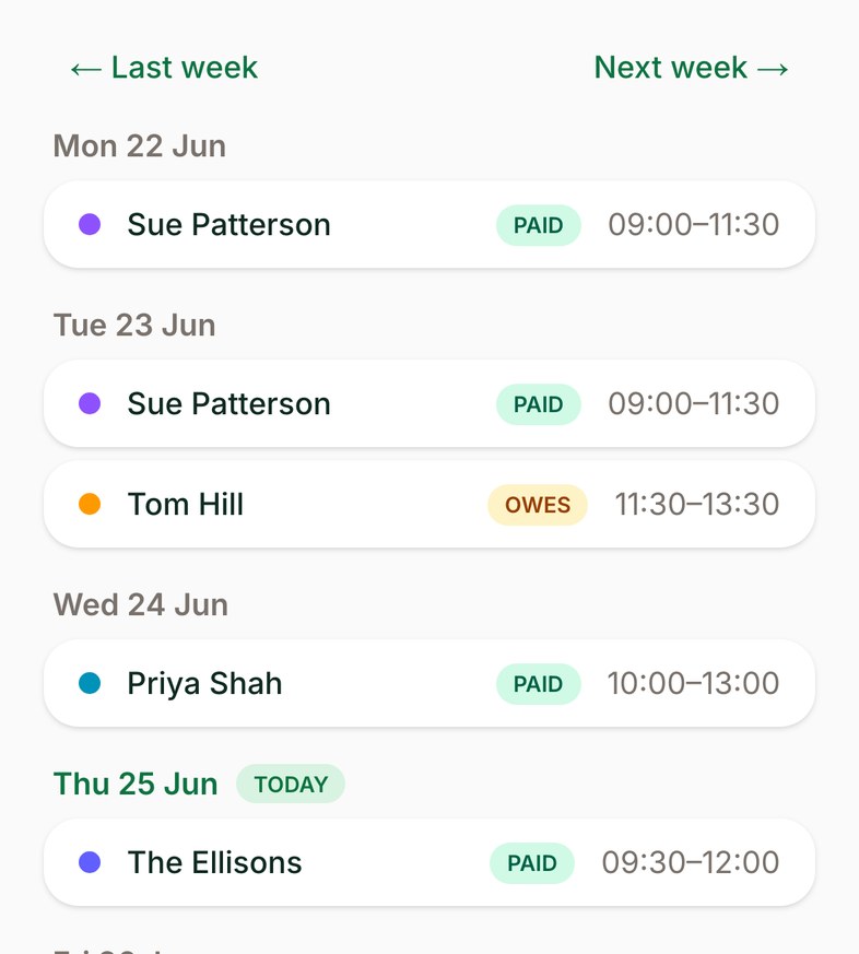 CleanDone's planner on a phone, showing a week of cleans by day with paid and owed status against each one.